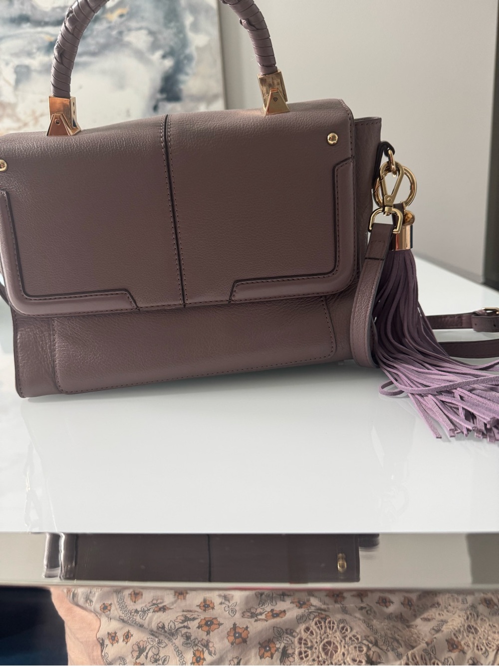 Structured Top-Handle Satchel in Mauve with Tassel Accent